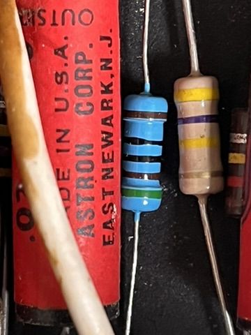 Close-up of the colour bands on a suspect resistor inside the Ampeg M-15