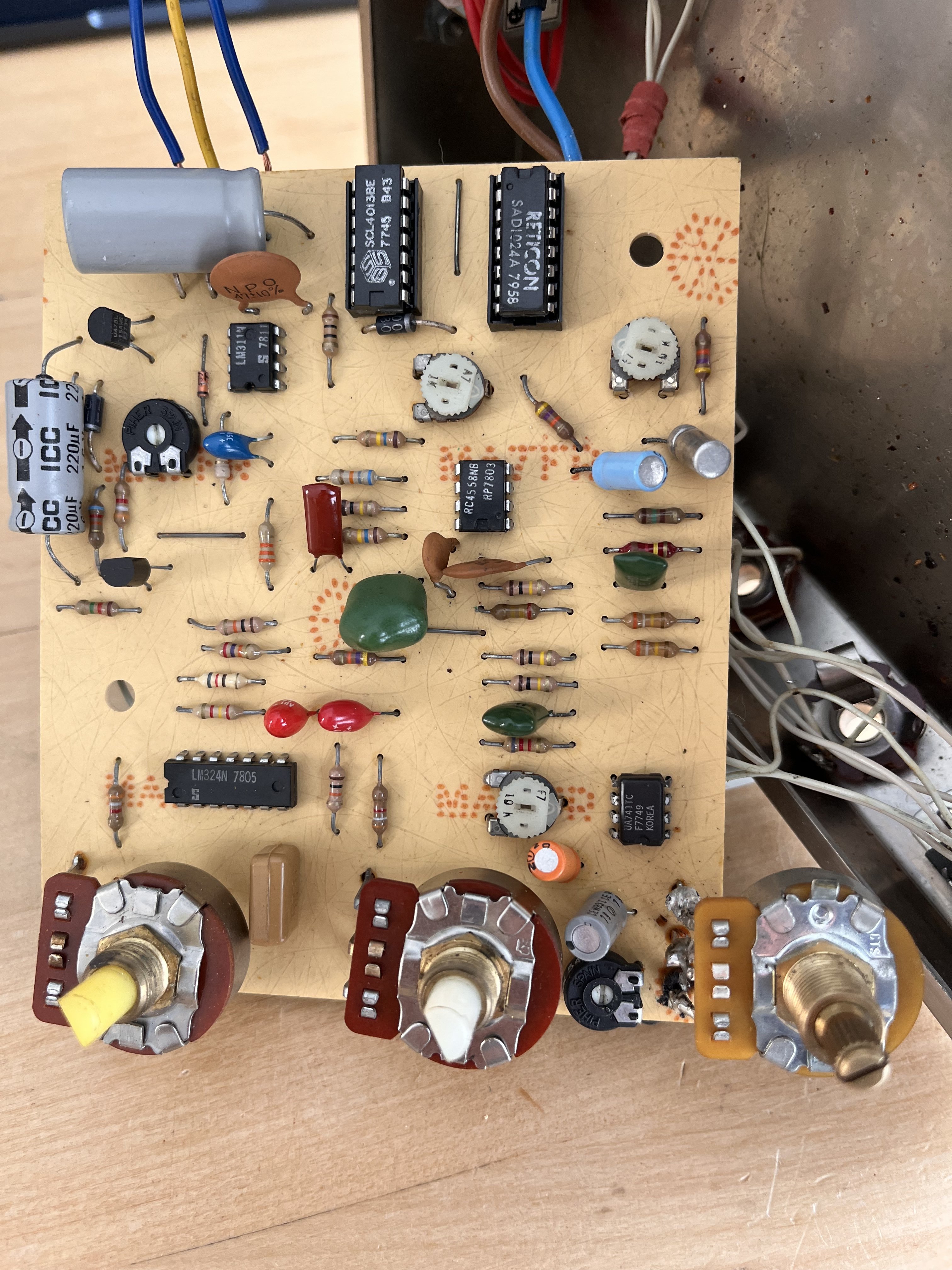 Component side of the board, with the bucket-brigade chip and surrounding circuitry visible