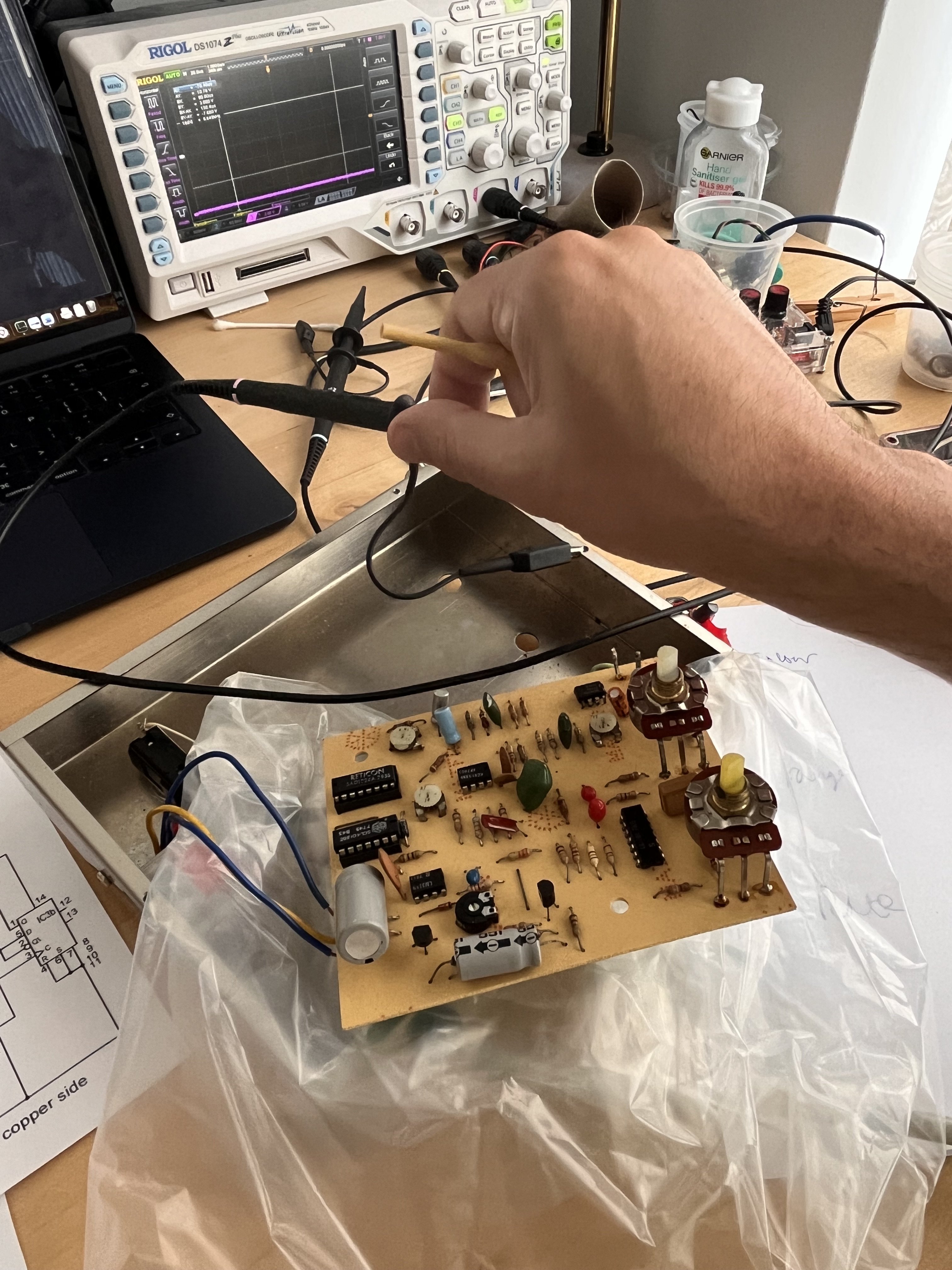 Back on the bench, board hooked up to the scope for the alignment procedure