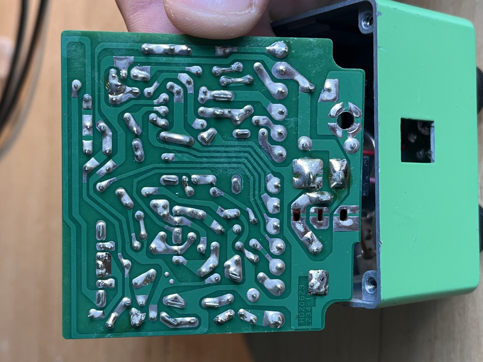 Ibanez TS9 PCB solder side — joints visible across the board