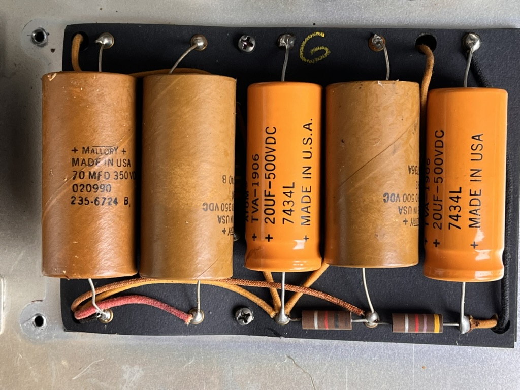 Mallory and ATOM filter caps on the original board, aged and flagged for replacement
