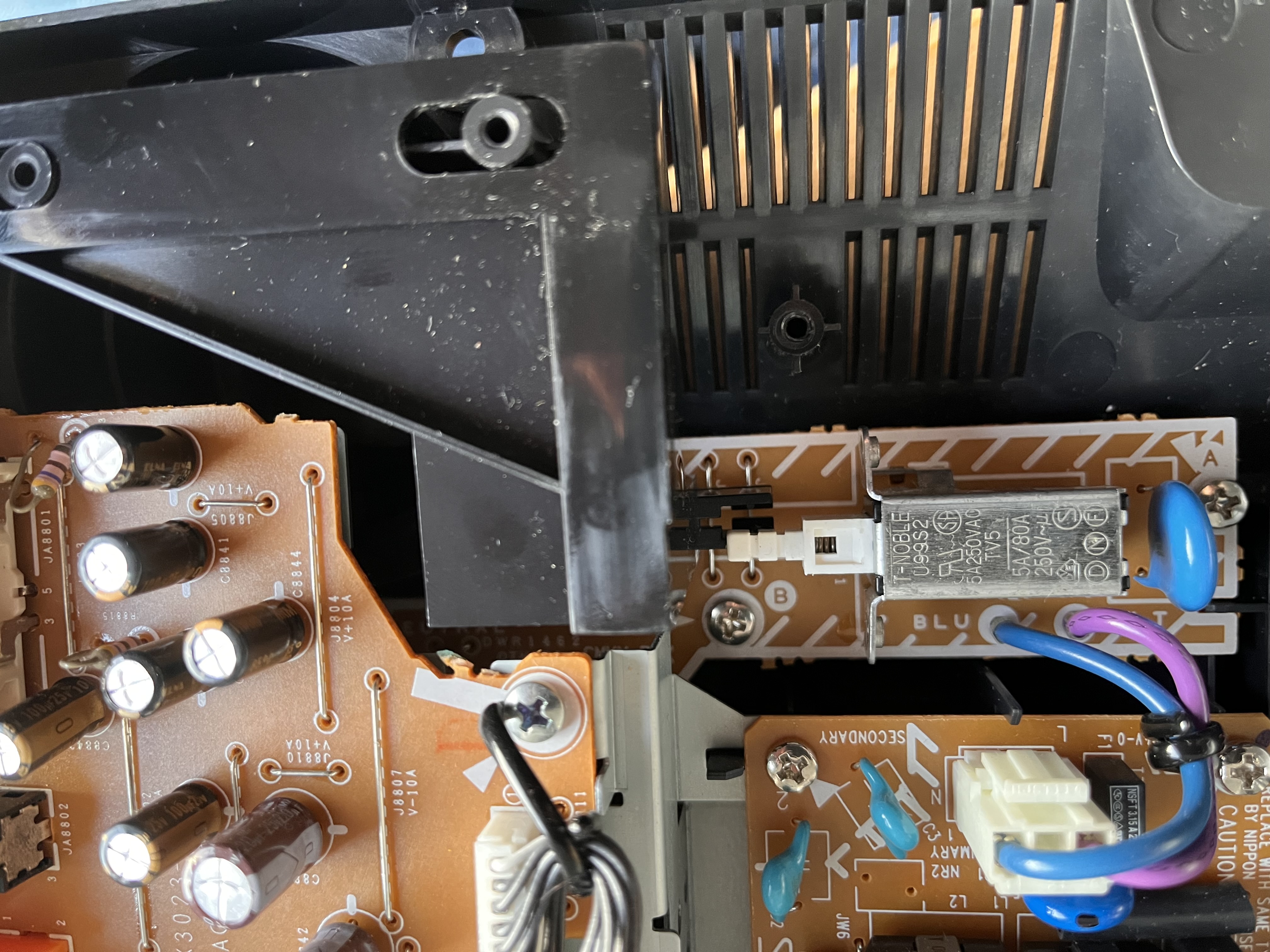Interior of Pioneer CDJ-900 showing the power switch board area