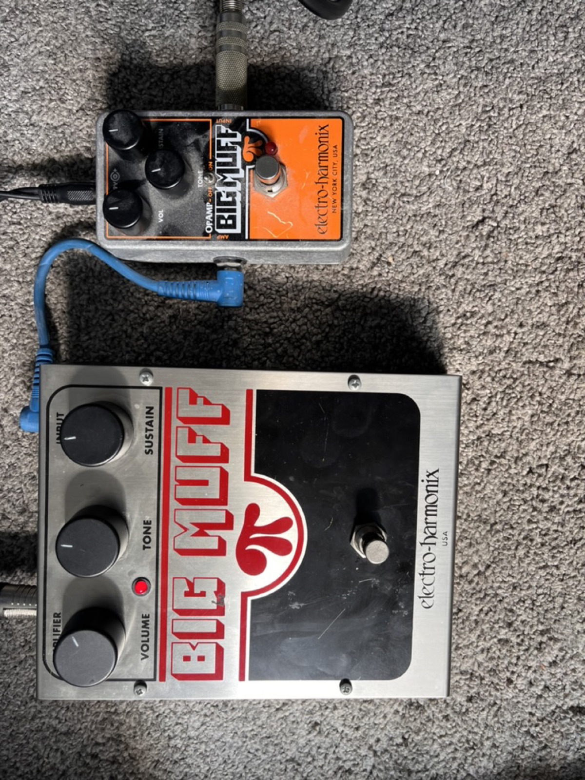 EHX Big Muff Pi v9 alongside a known-good reference unit