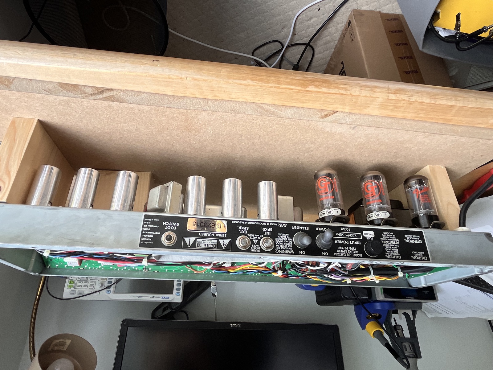Fender '68 Custom Deluxe Reverb chassis out on the bench