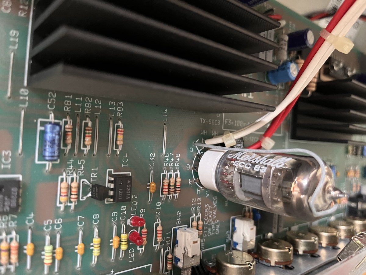 Marshall Valvestate S80 main PCB showing ECC83 valve and power amp heatsinks