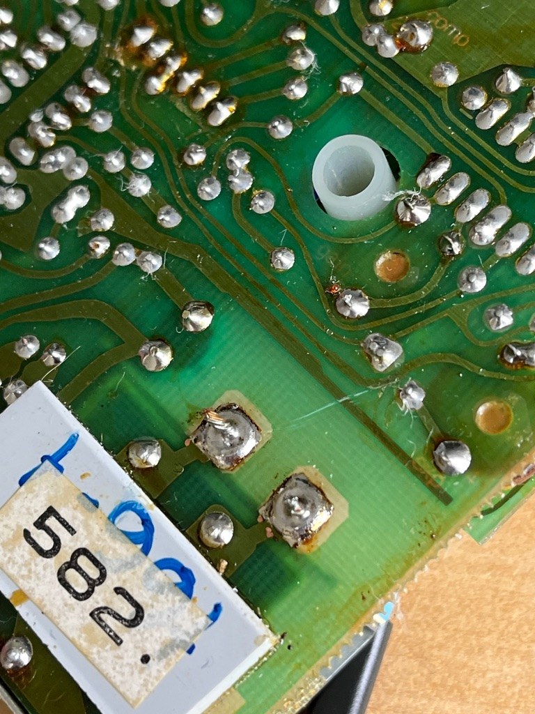 Close-up of the mains cable termination pads on the SCF PCB